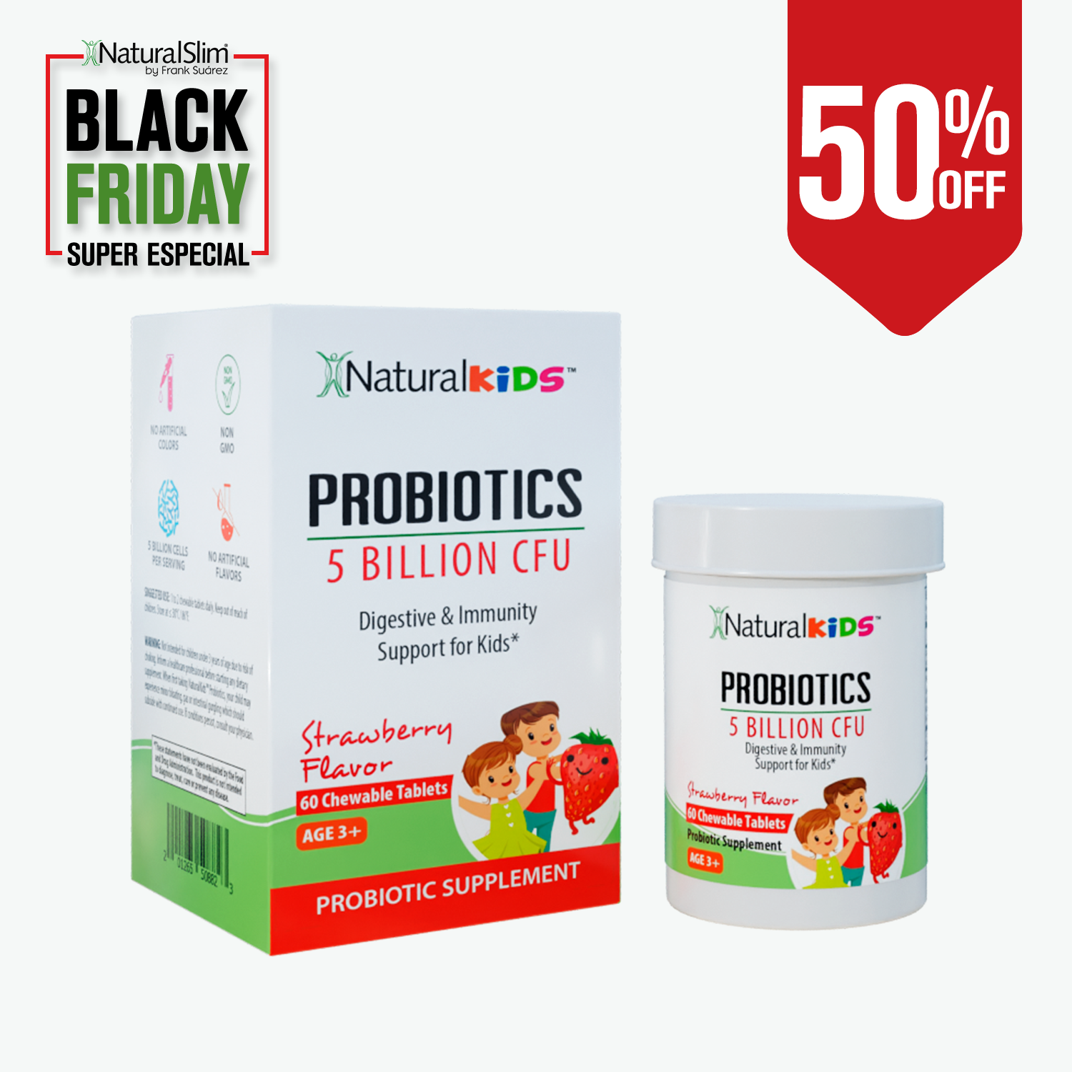 NaturalKids® PROBIOTICS™ | Compresse masticabili 5 miliardi di UFC per porzione | Compresse probiotiche masticabili 60 compresse masticabili | Gusto fragola
