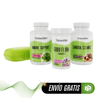 Three supplement bottles labeled 'Immune Support', 'Good Flora', and 'Candida Cleanse' with a green case on a white background.